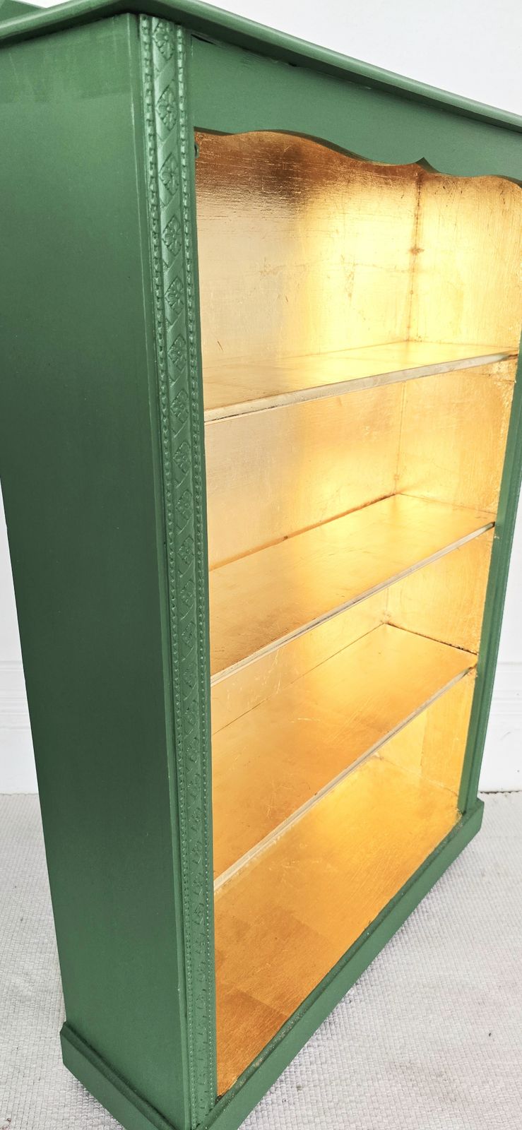photo furniture Antique Oak Painted Bookcase, Green And Gold Leaf.