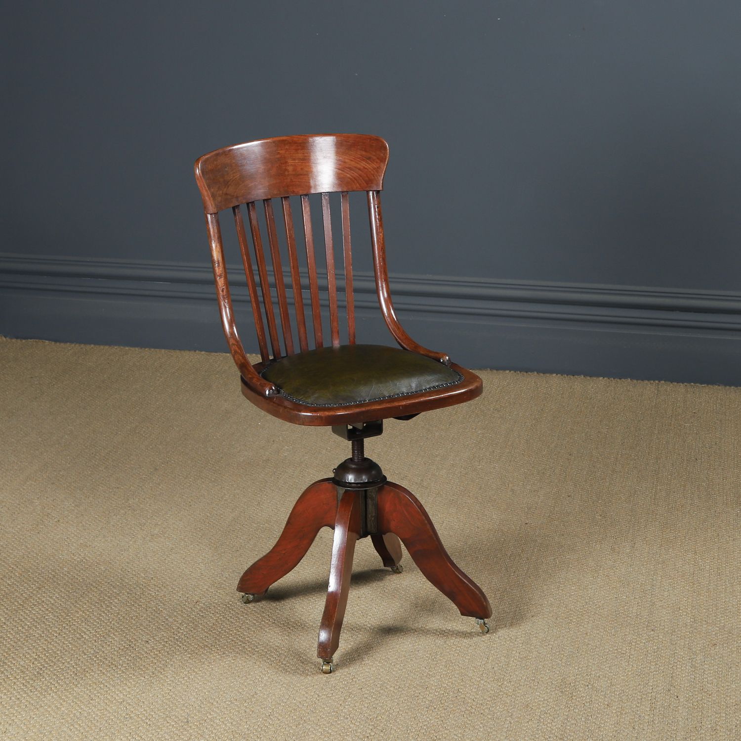 Antique English George V Beech & Green Leather Revolving Armless Office Chair (Circa 1920) photo furniture