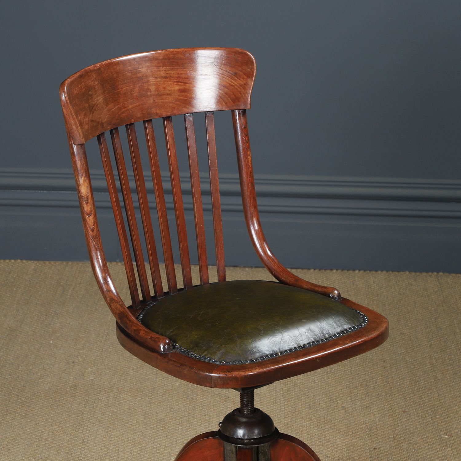 Antique English George V Beech & Green Leather Revolving Armless Office Chair (Circa 1920) photo for sale