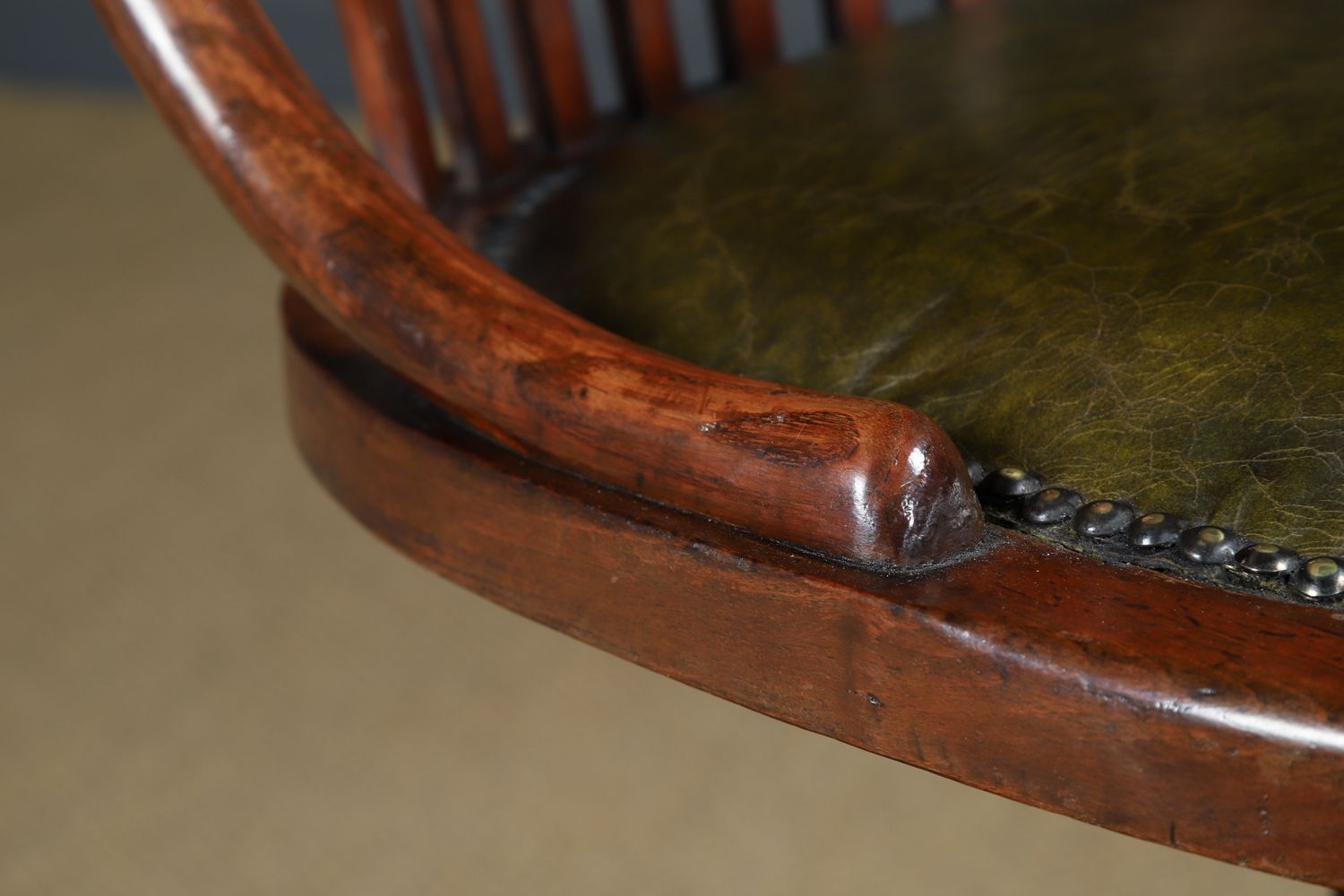 photo furniture Antique English George V Beech & Green Leather Revolving Armless Office Chair (Circa 1920)