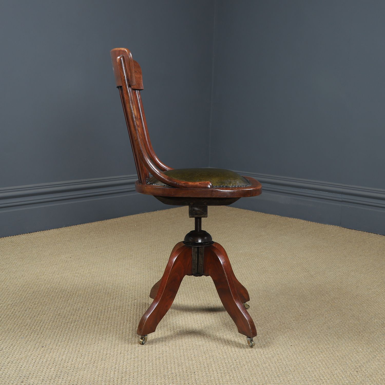 Furniture Antique English George V Beech & Green Leather Revolving Armless Office Chair (Circa 1920) photo