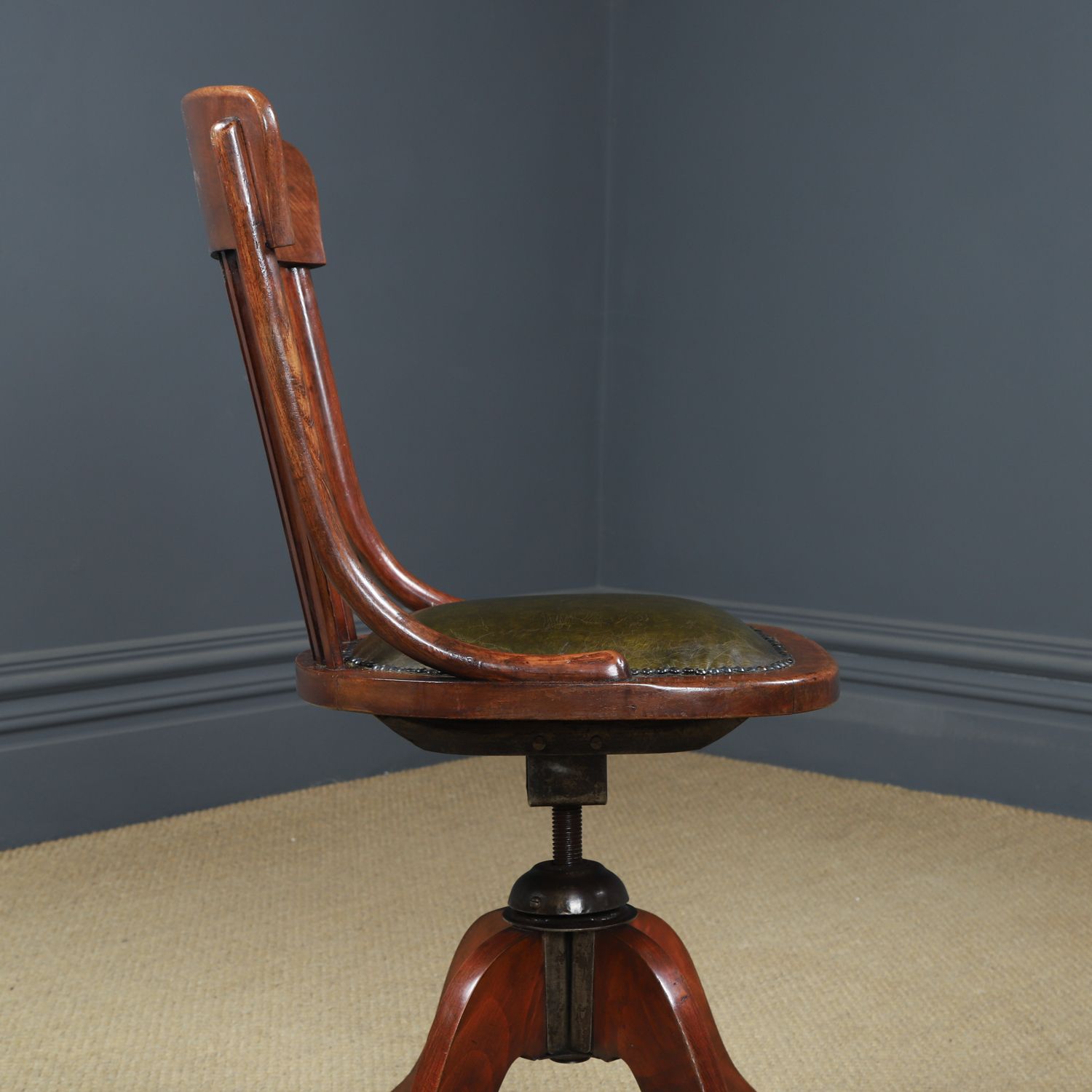 975.0 Antique English George V Beech & Green Leather Revolving Armless Office Chair (Circa 1920) photo