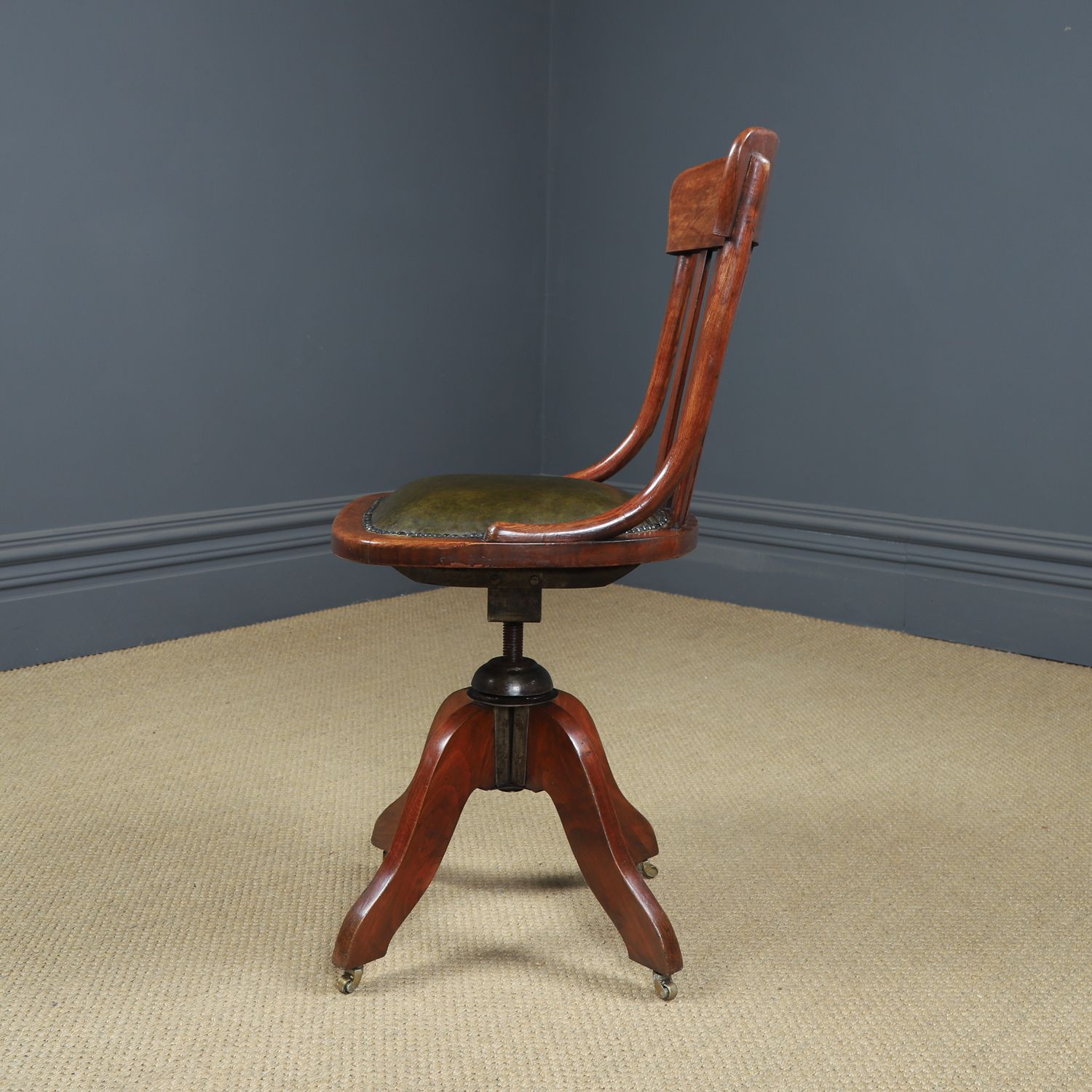 photo vinterior Antique English George V Beech & Green Leather Revolving Armless Office Chair (Circa 1920)