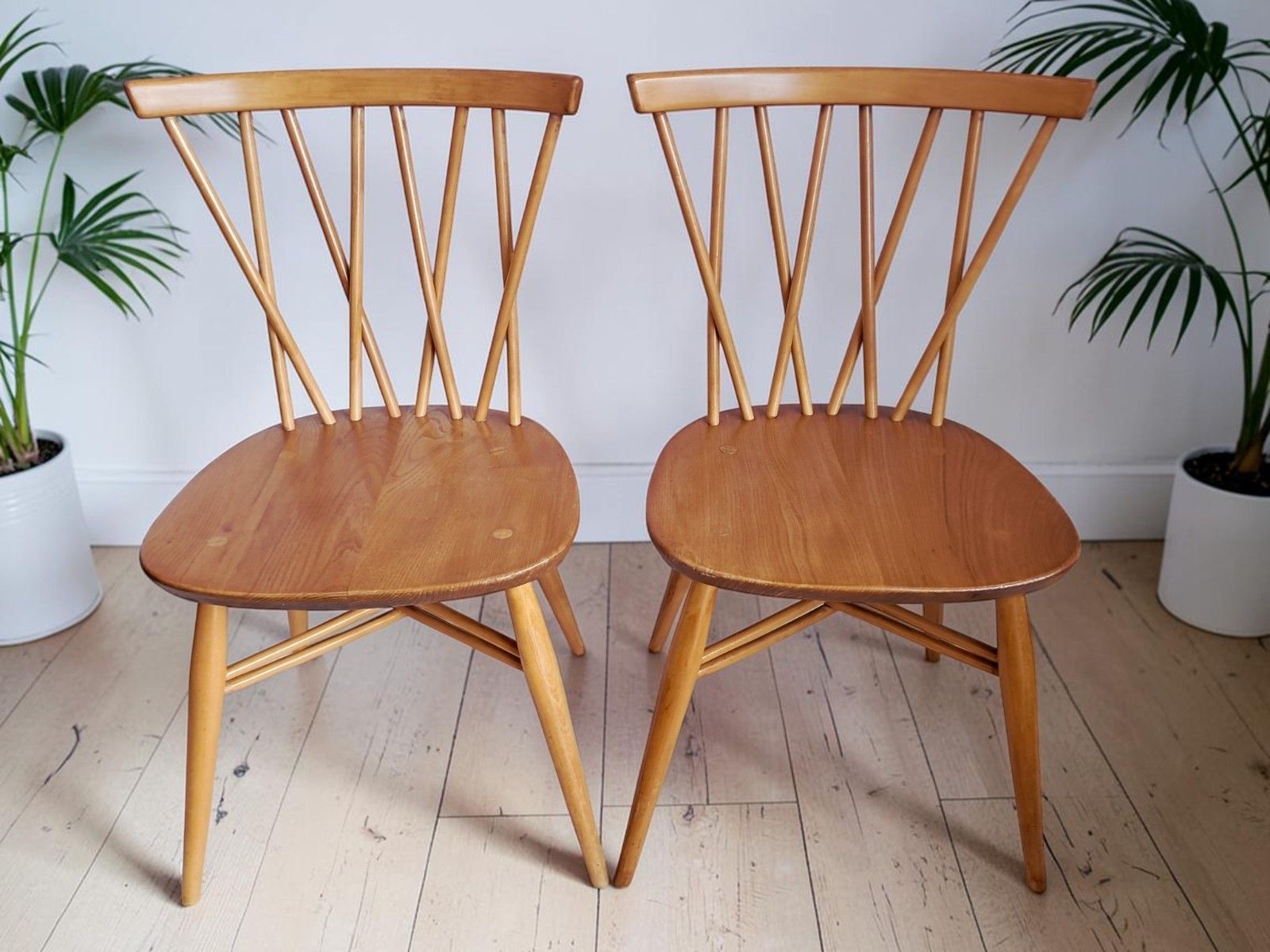 Pair Vintage Ercol Candlestick Dining Chairs Model 376 Mid Century Elm Beech 196 photo for sale
