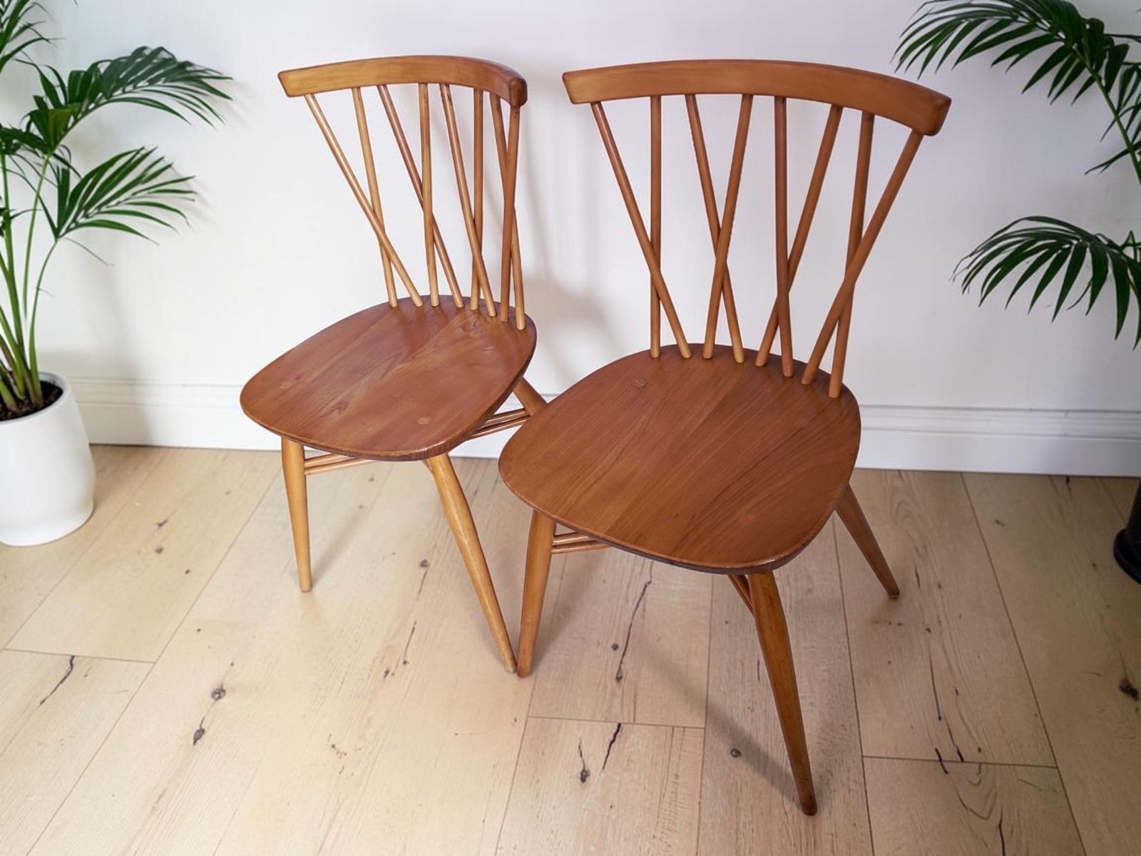 Pair Vintage Ercol Candlestick Dining Chairs Model 376 Mid Century Elm Beech 196 photo Furniture