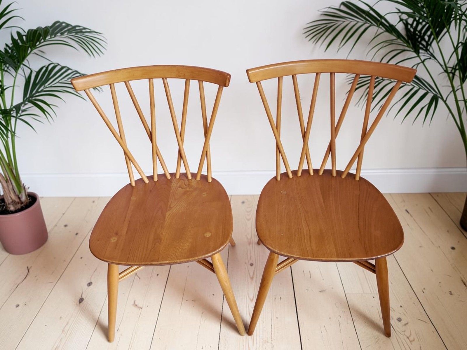 Pair Vintage Ercol Candlestick Dining Chairs Model 376 Mid Century Elm Beech 196 photo 440.0