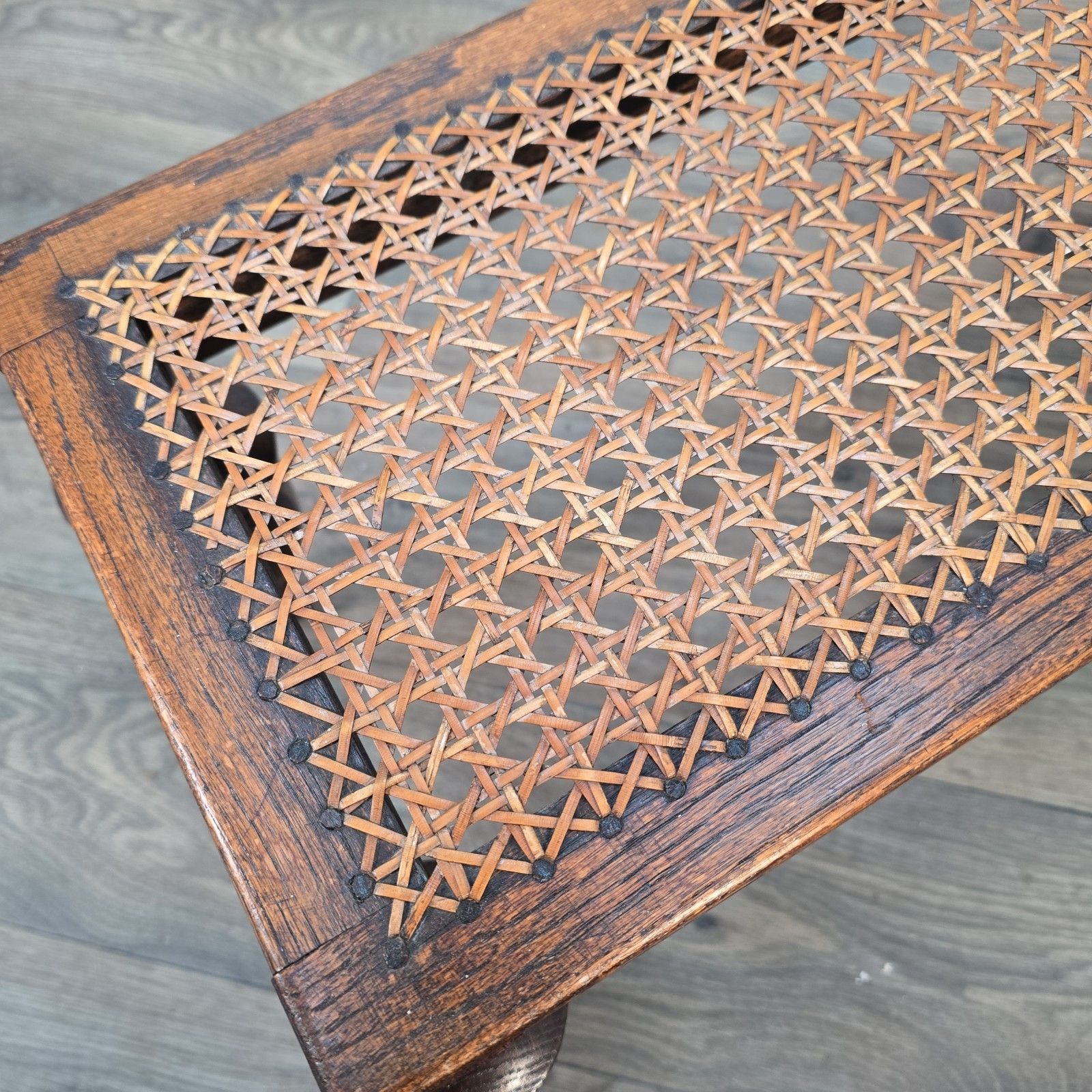 Antique Edwardian Oak Footstool Cane Fireside Fender Stool Bench Solid Wood photo vintage
