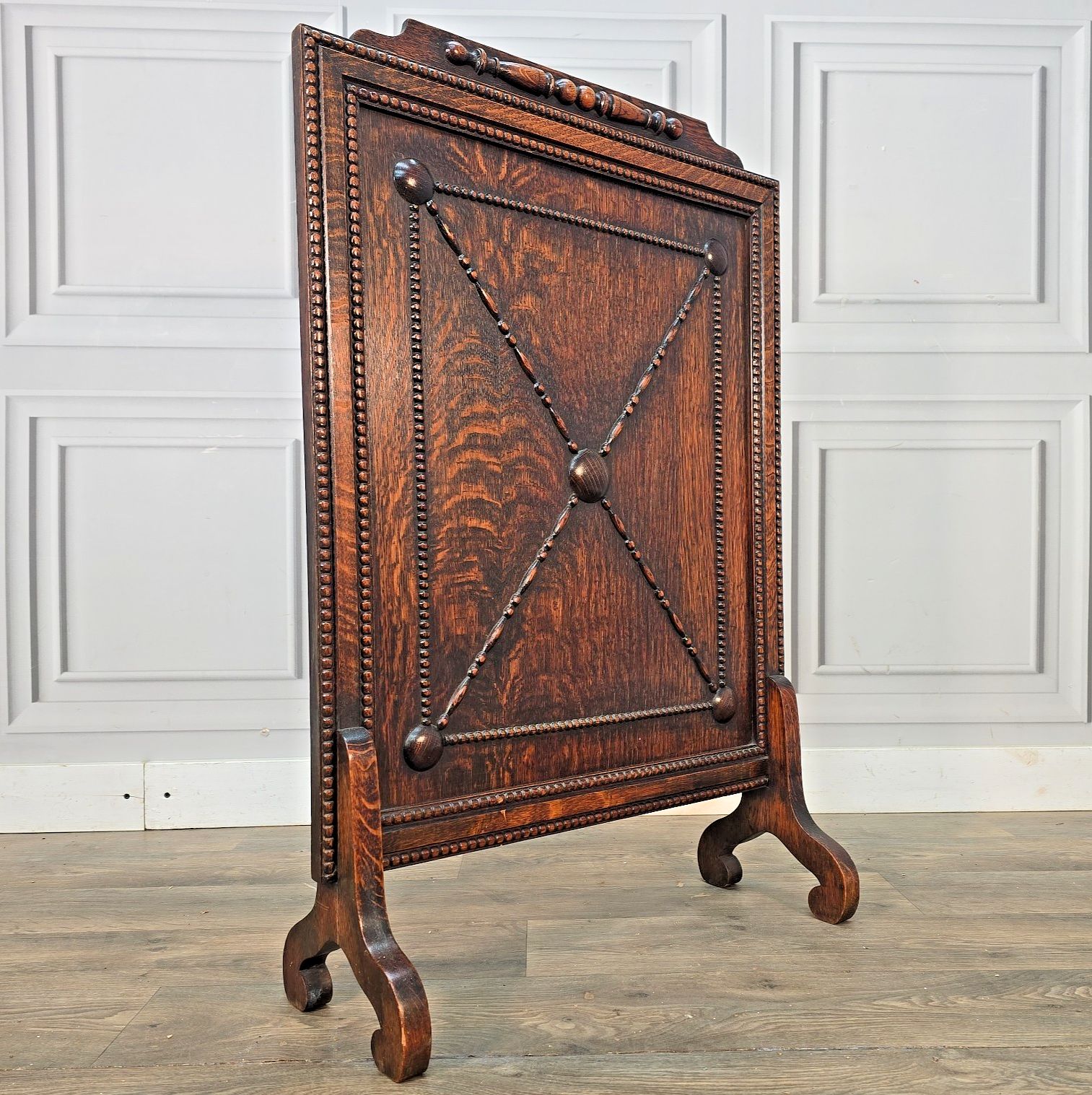 Antique Oak Fire Screen Jacobean Revival Fireside Guard Decorative Stand Wooden