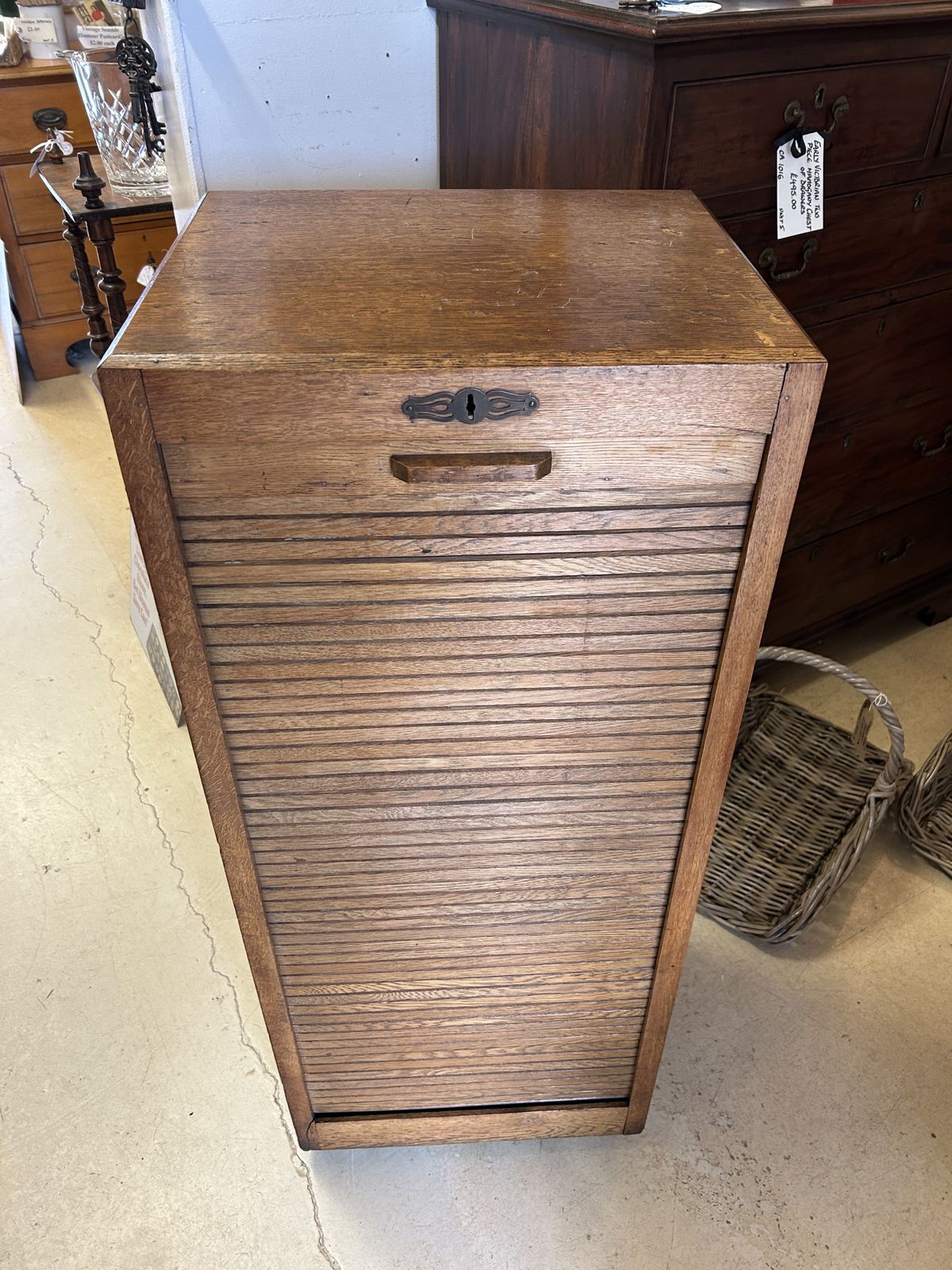 Oak Tambour Filing Cabinet With Working Key photo vintage