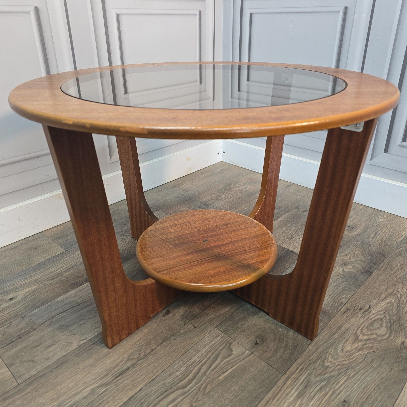 Furniture Mid Century Coffee Table Round Wood Teak Effect Vintage Glass Top Retro Mcm photo