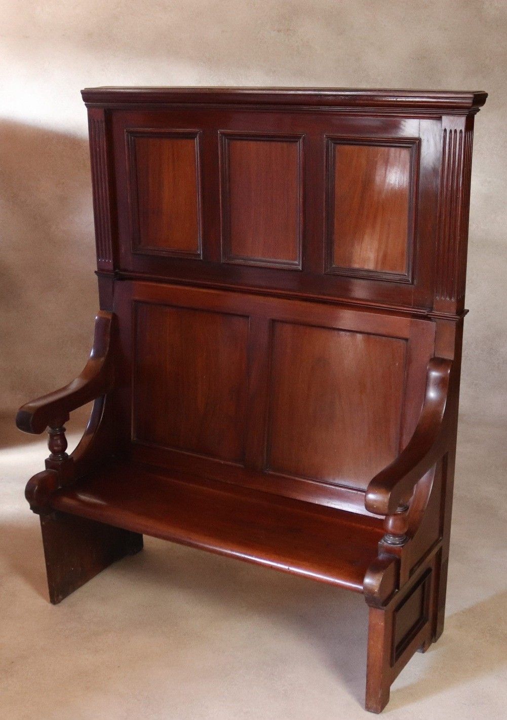 photo buy Antique Victorian Mahogany Hall Settle Bench With Panelled High Back C.1890