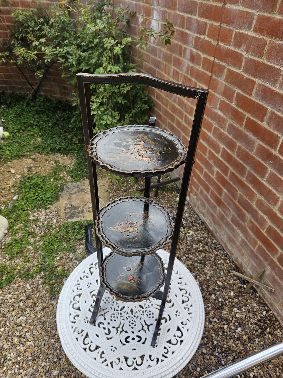 Antique 20th Century Tier Black Laquered Folding Chinoiserie Cake Stand C.1900