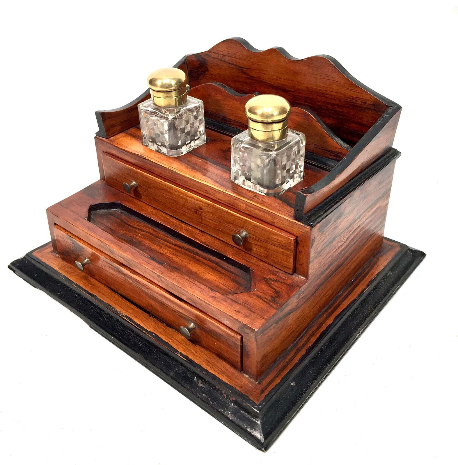Antique Victorian Wooden Desktop Writing Inkstand / Stationery Letter Rack