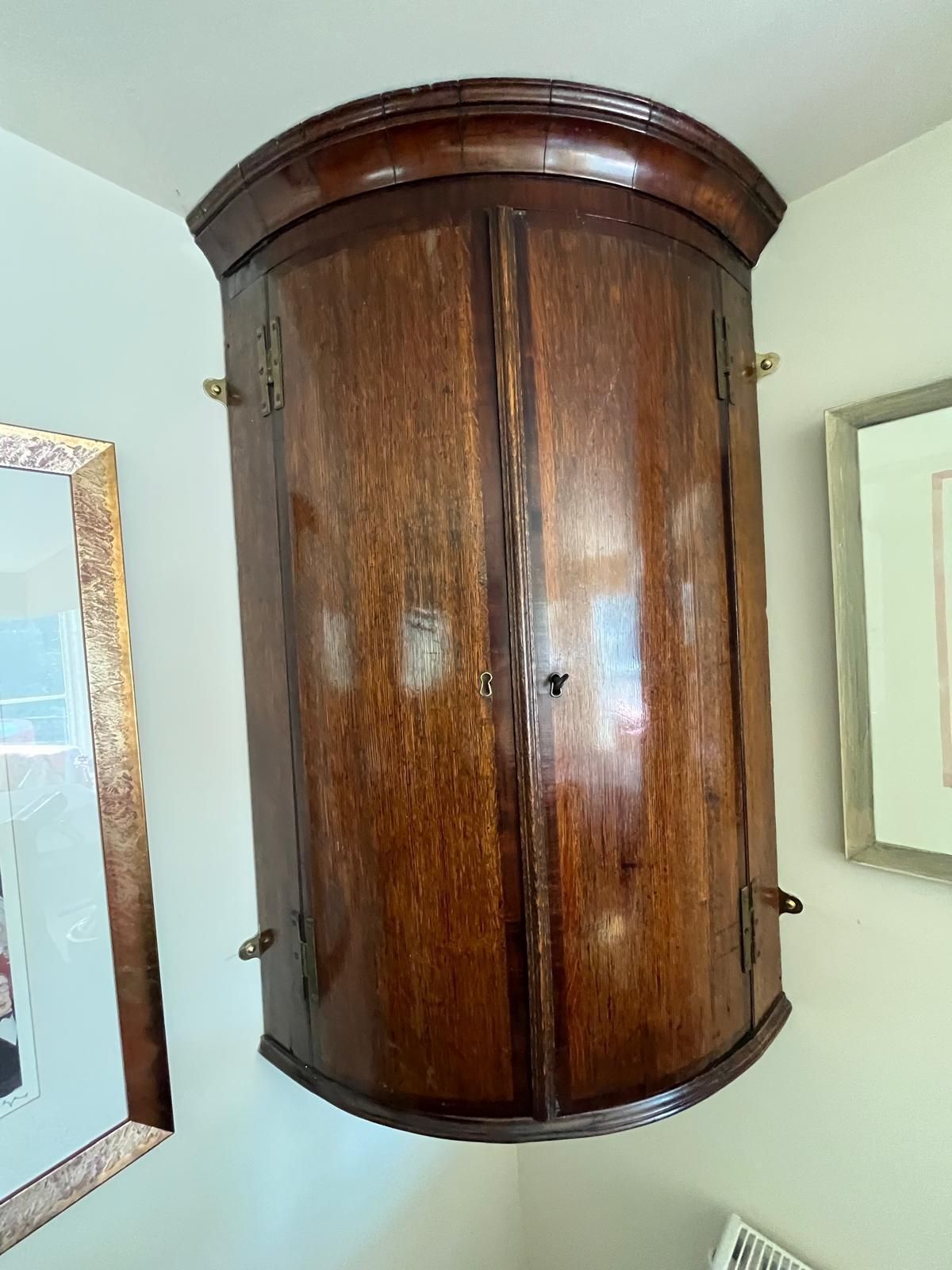 Victorian Oak Cross Banded Corner Cupboard With Brass Hinges