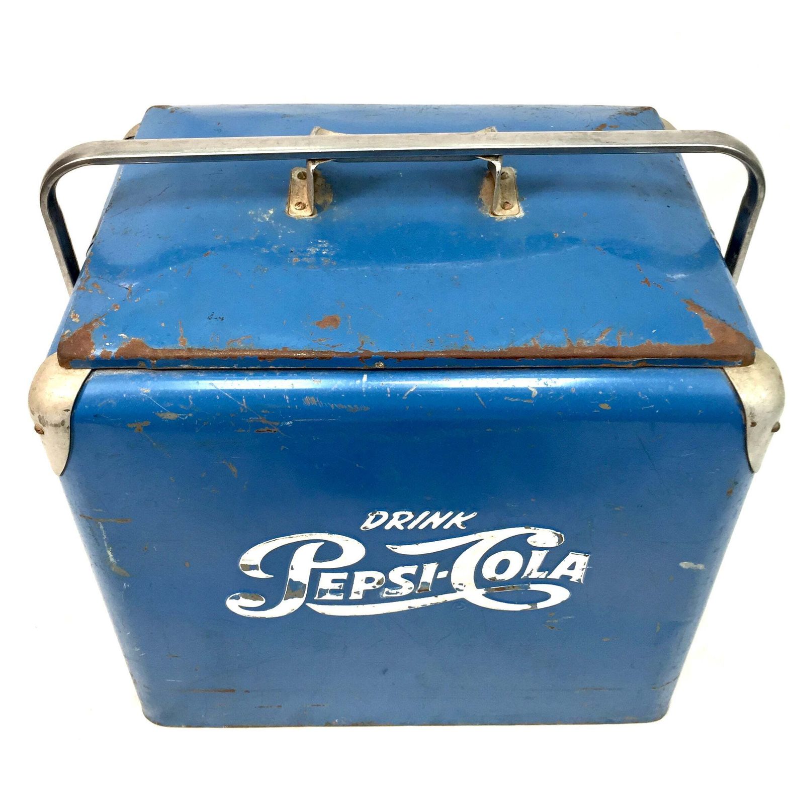 Antique Advertising   Original Blue Metal Pepsi Cola Picnic Cooler Box C.1950 photo for sale