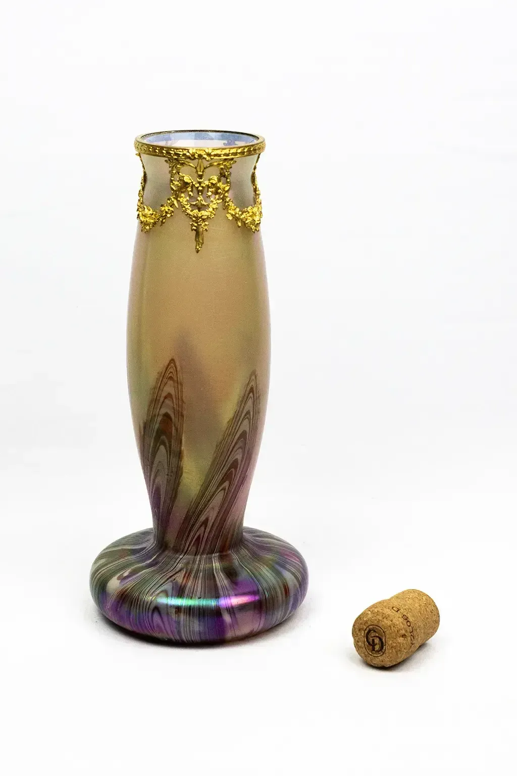 Art Nouveau Vase In Iridescent Marbled Glass, In The Style Of Loetz — Gilt Metal Mount, Bohemia, Circa 1900 photo 350.0