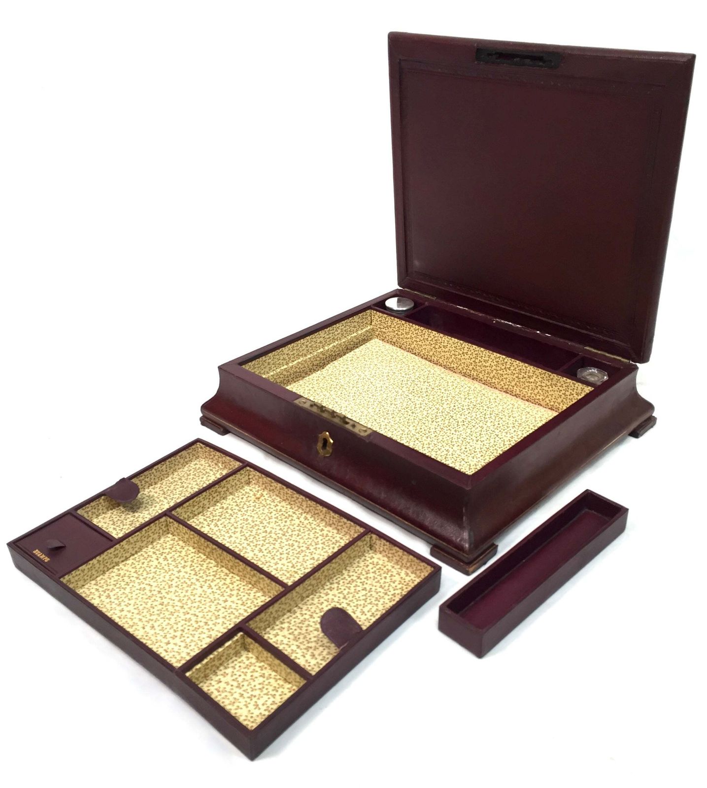 photo for sale Antique Victorian Burgundy Leather Bound Stationery Box / Writing Storage Chest