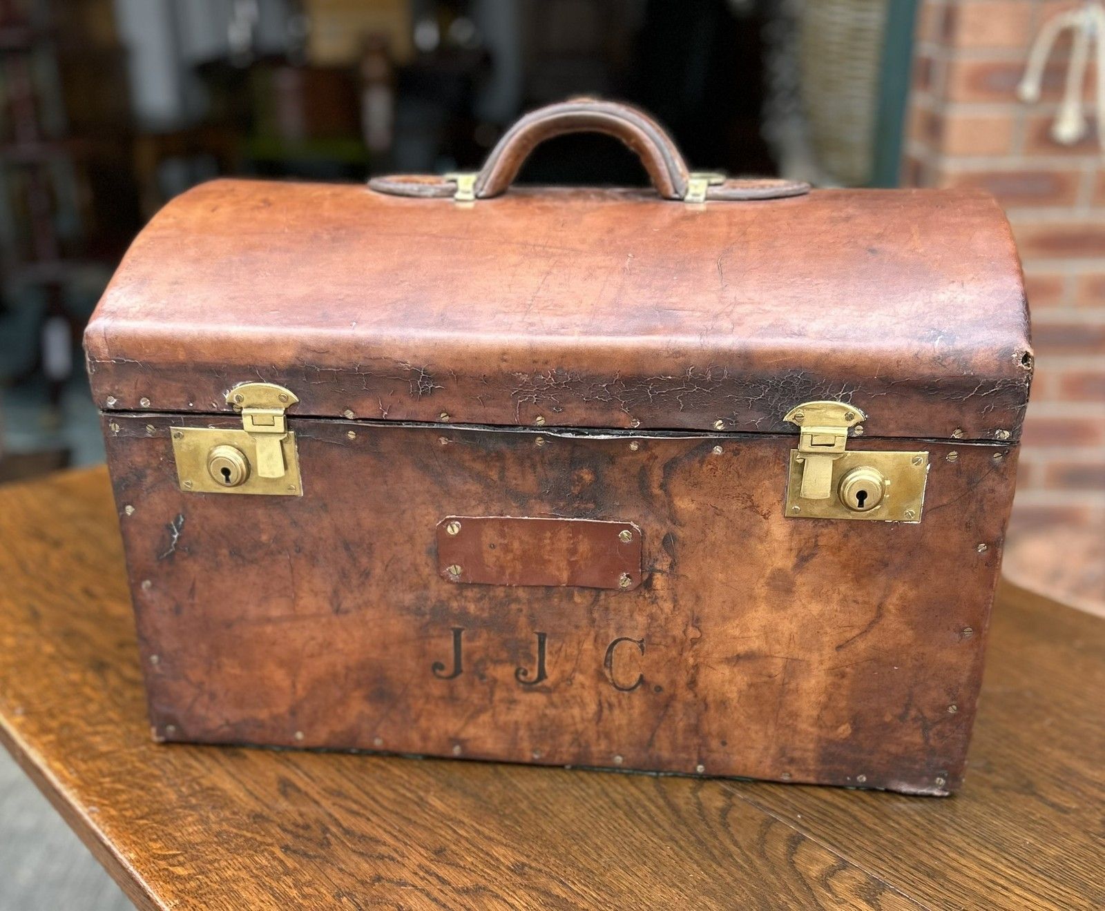 Quality Antique Aged Leather Dome Top Monogrammed Travel Trunk Case Document Box