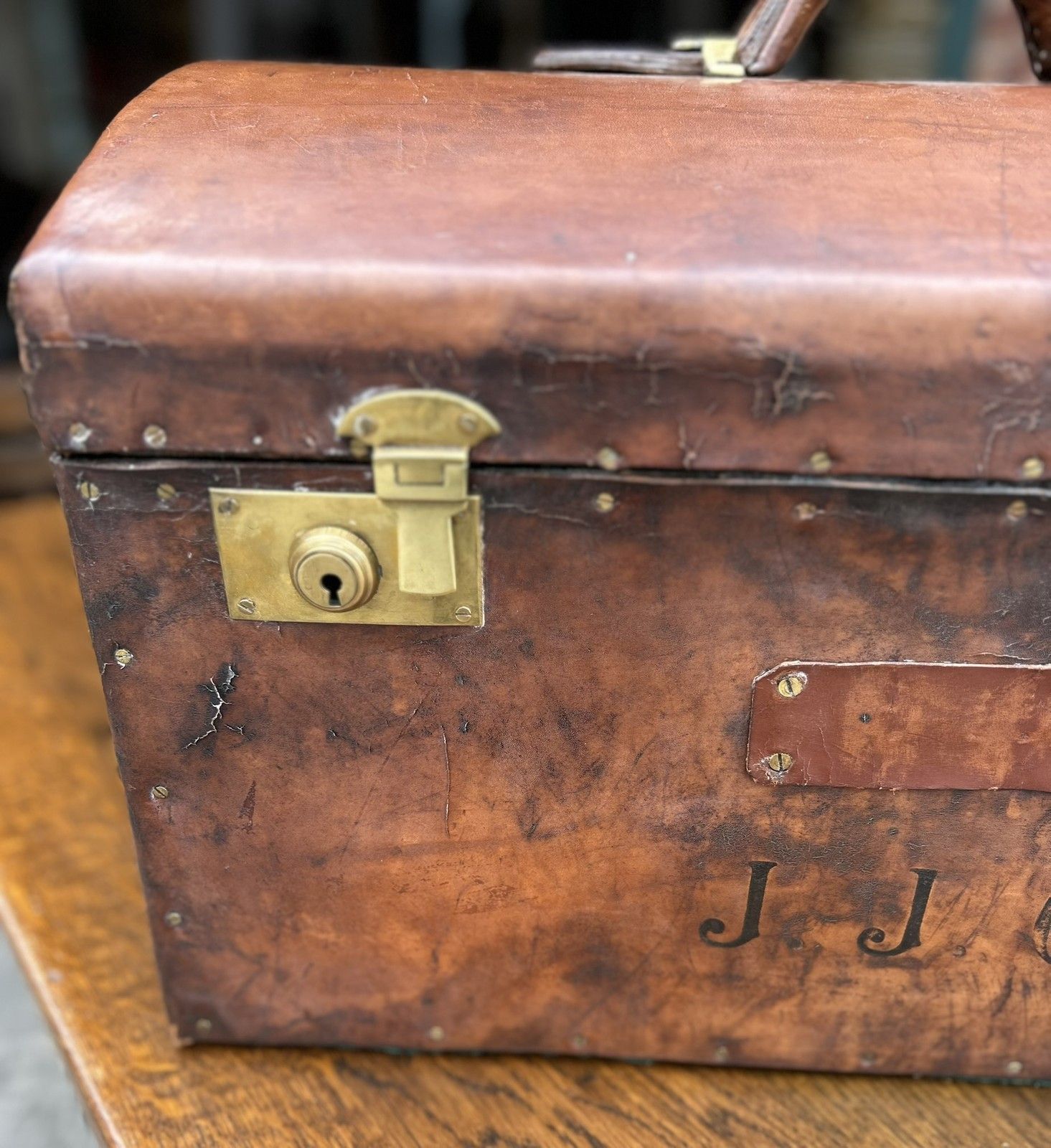 Quality Antique Aged Leather Dome Top Monogrammed Travel Trunk Case Document Box photo for sale