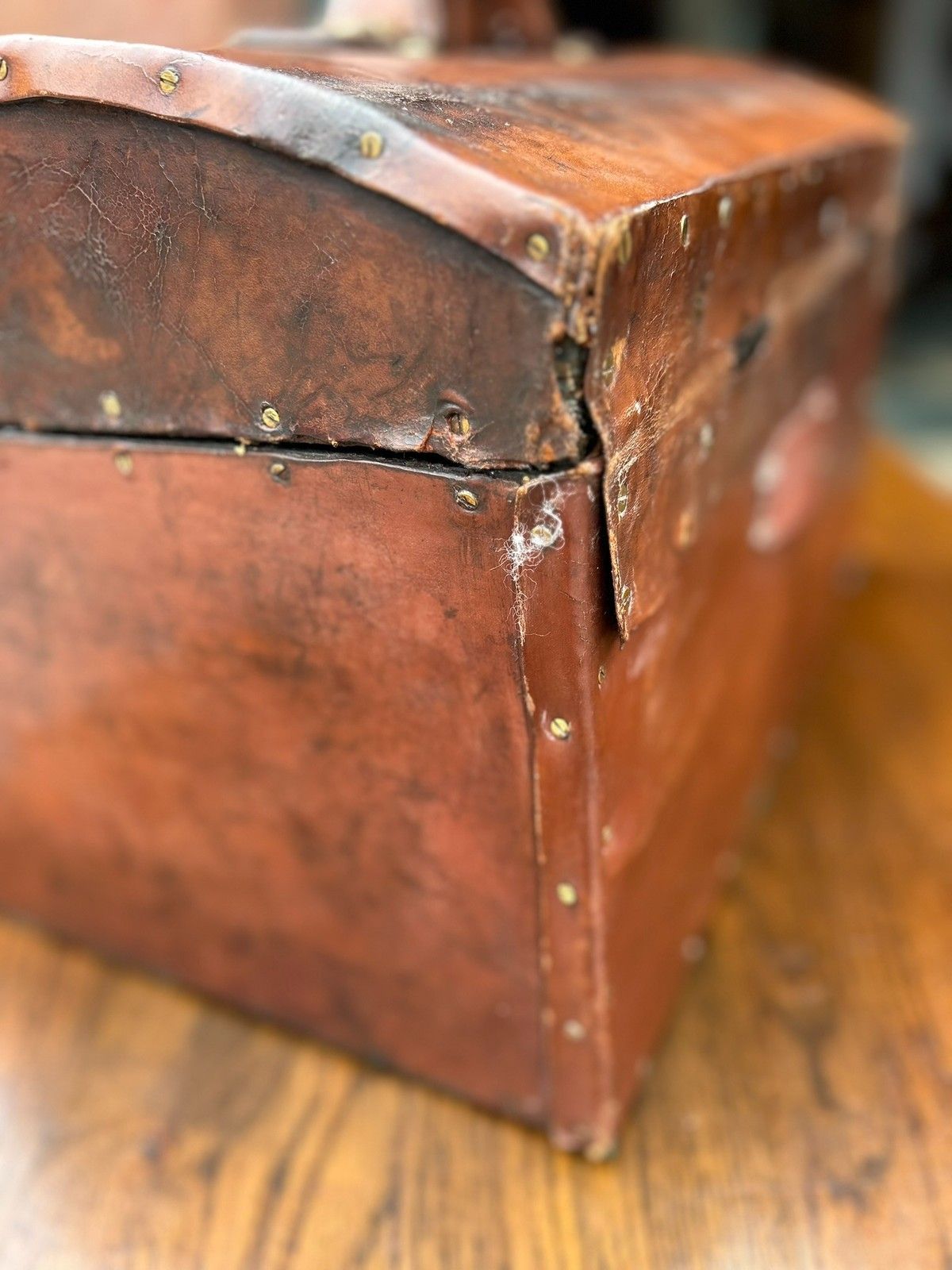 Quality Antique Aged Leather Dome Top Monogrammed Travel Trunk Case Document Box photo vintage