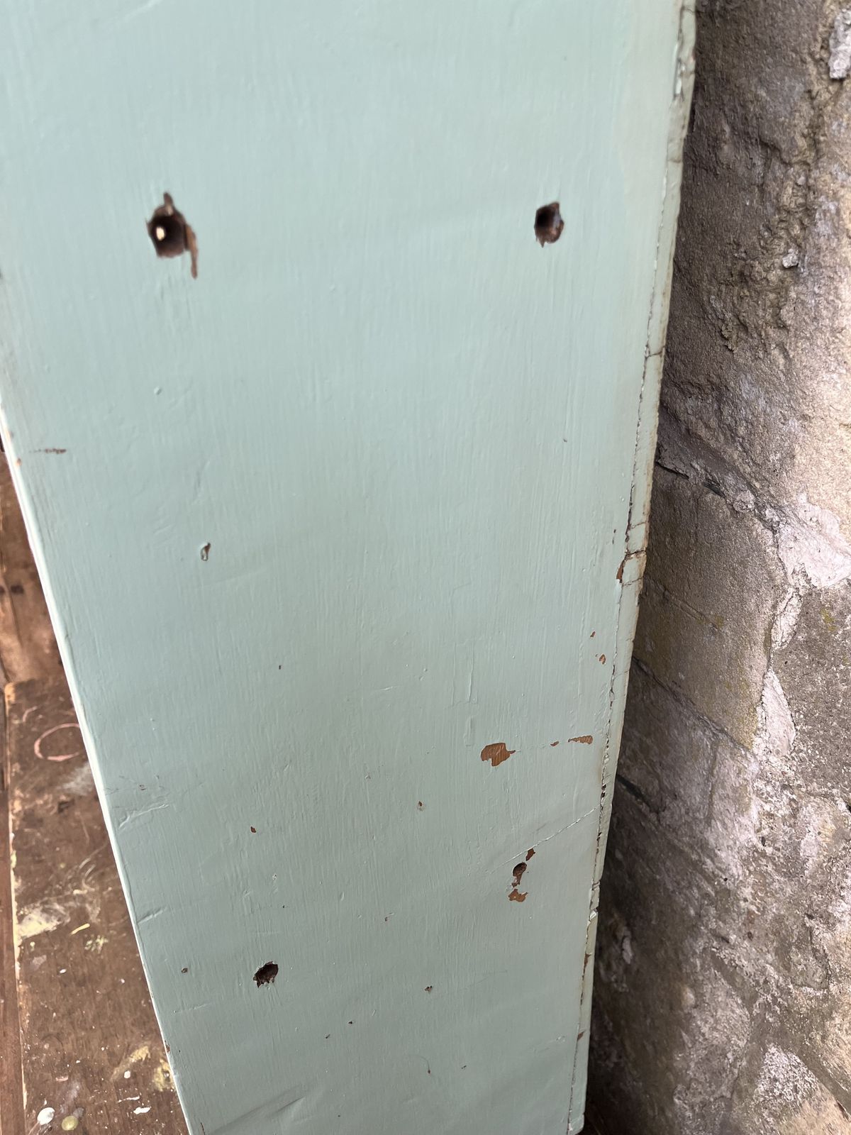 photo furniture Rustic Glazed Wall Cabinet In Pale Blue And White Paint