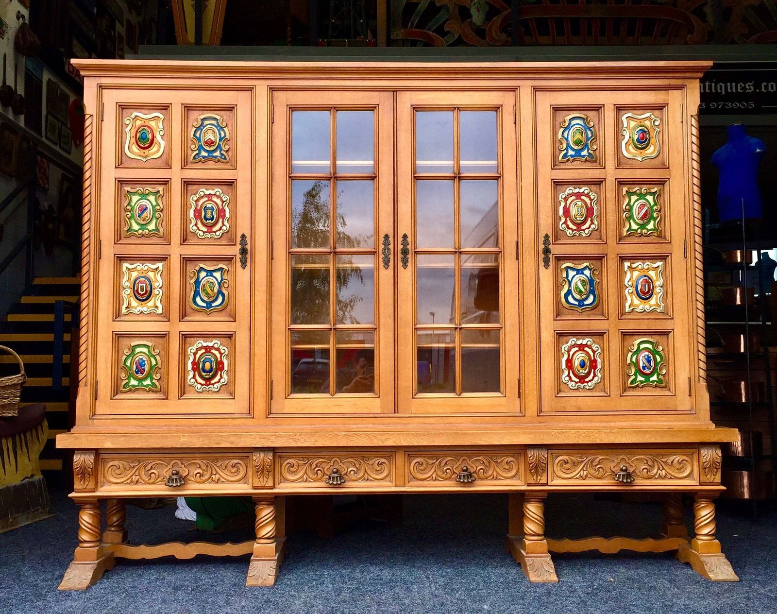 Antique Large Oak Wooden Glazed Fronted Carved Bookcase Storage Cabinet Cupboard