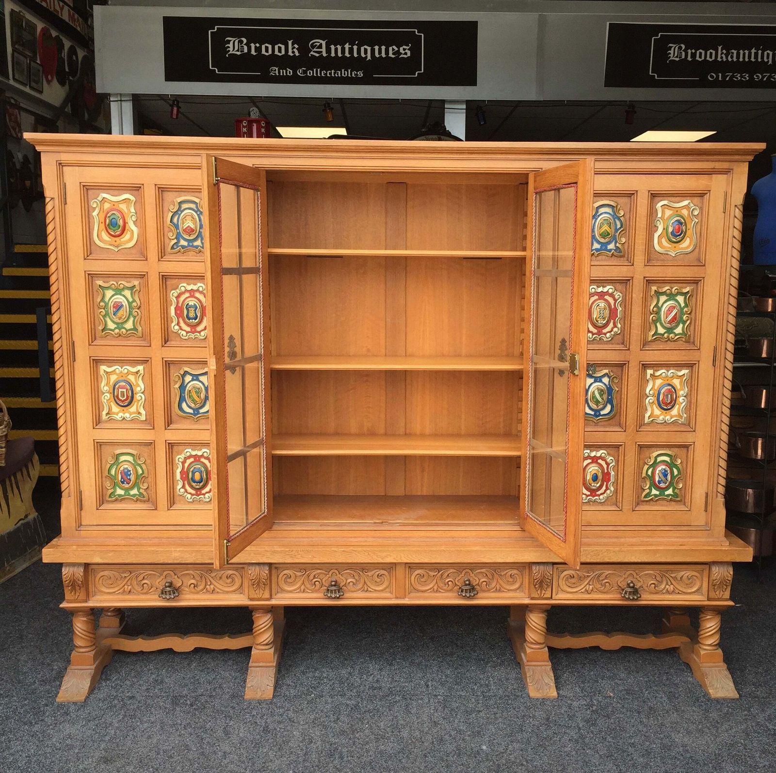 Antique Large Oak Wooden Glazed Fronted Carved Bookcase Storage Cabinet Cupboard photo vinterior