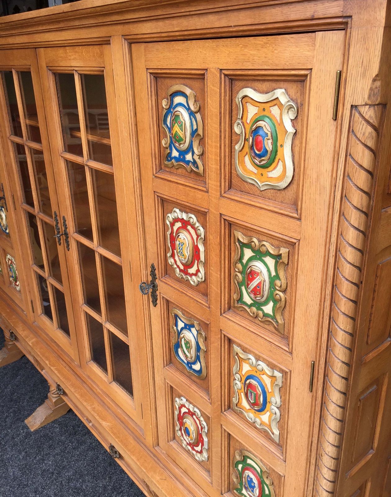 Furniture Antique Large Oak Wooden Glazed Fronted Carved Bookcase Storage Cabinet Cupboard photo