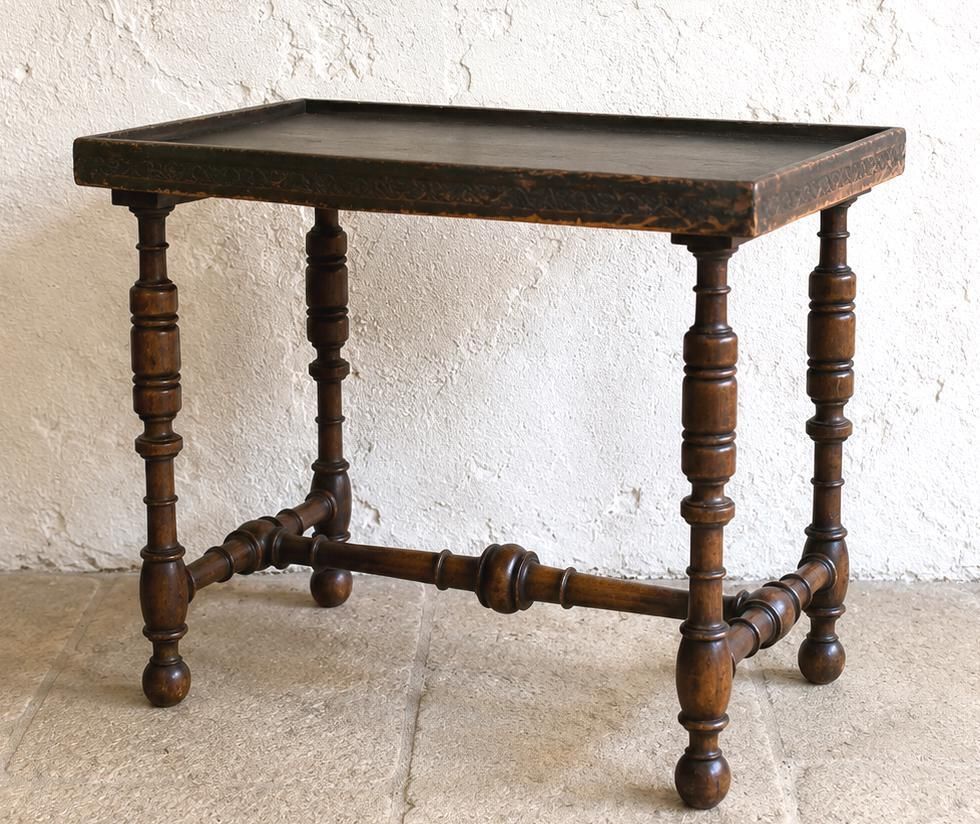 Antique Leather Top Side Table With Bobbin Turned Legs And Stretcher Base photo furniture