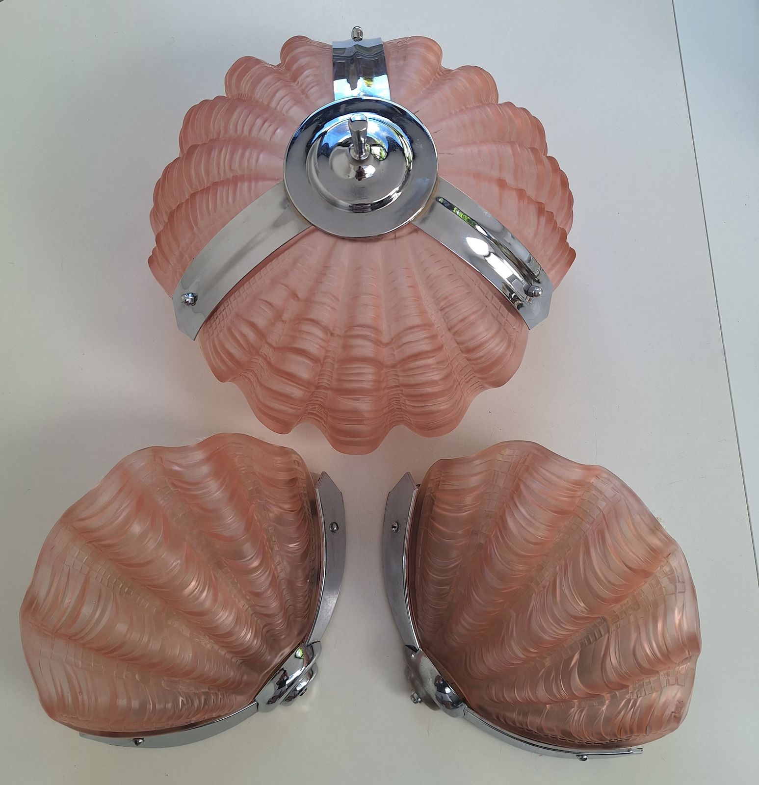 Suite Of Art Deco Clam Shell Frosted Glass Lights photo for sale