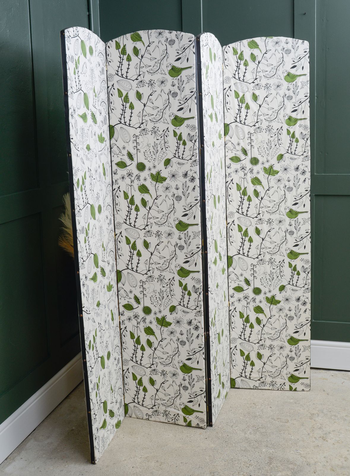 Fabric Panel Folding Room Divider With Ikea Green Birds Fabric photo 300.0