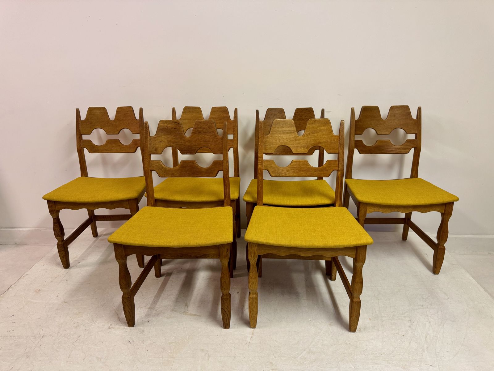 Set Of Six Mid Century Danish Razorblade Oak Dining Chairs By Henning Kjaernulf 1960s photo furniture