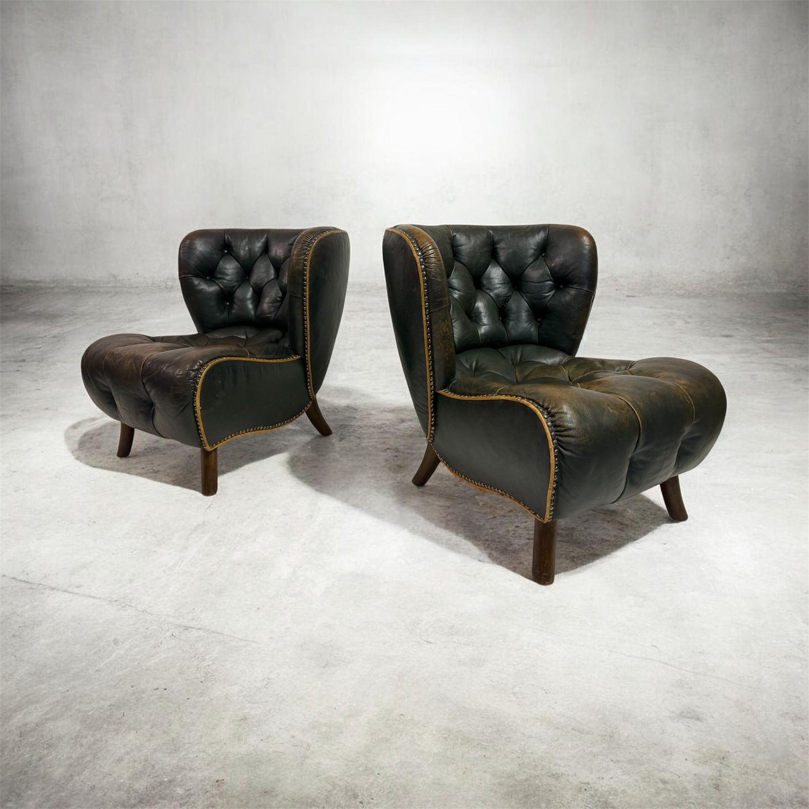 Pair Of 1940s Danish Lounge Slipper Chairs In Green Patinated Leather photo furniture