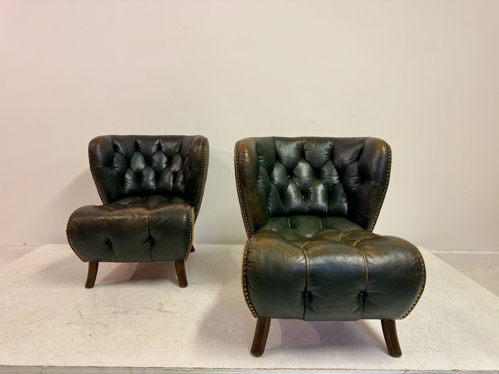 Pair Of 1940s Danish Lounge Slipper Chairs In Green Patinated Leather photo for sale