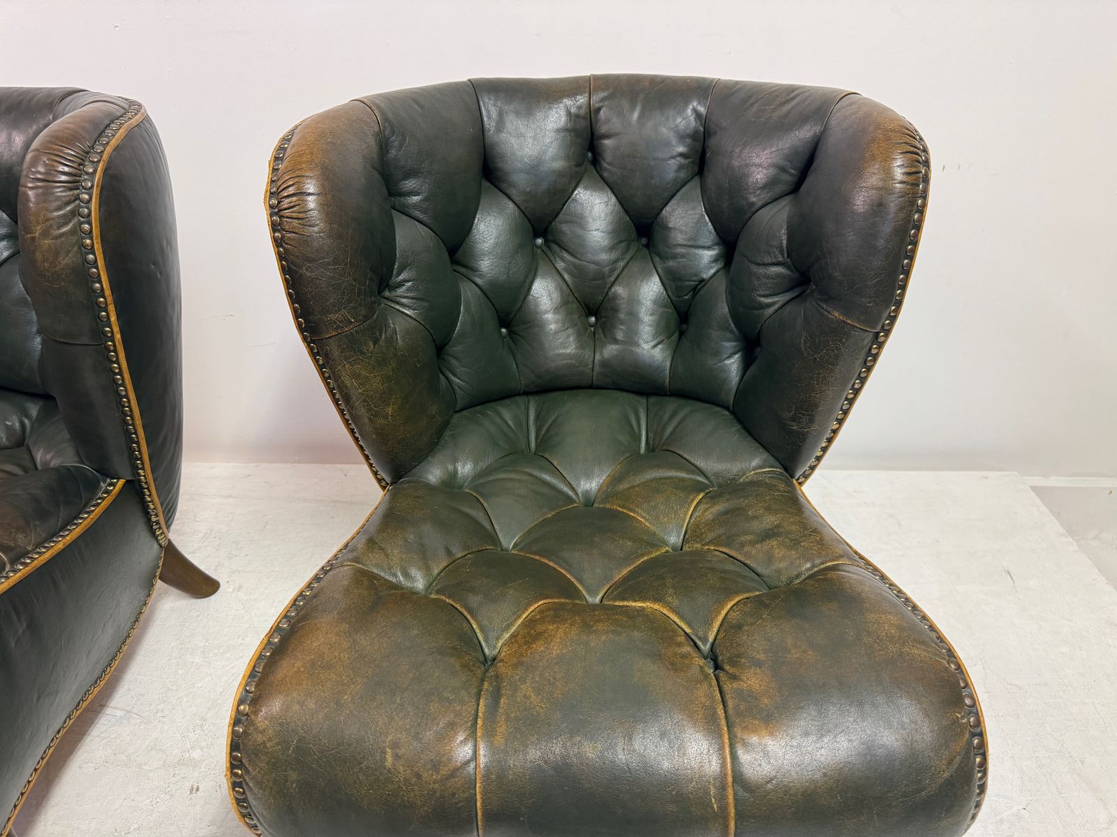 photo furniture Pair Of 1940s Danish Lounge Slipper Chairs In Green Patinated Leather