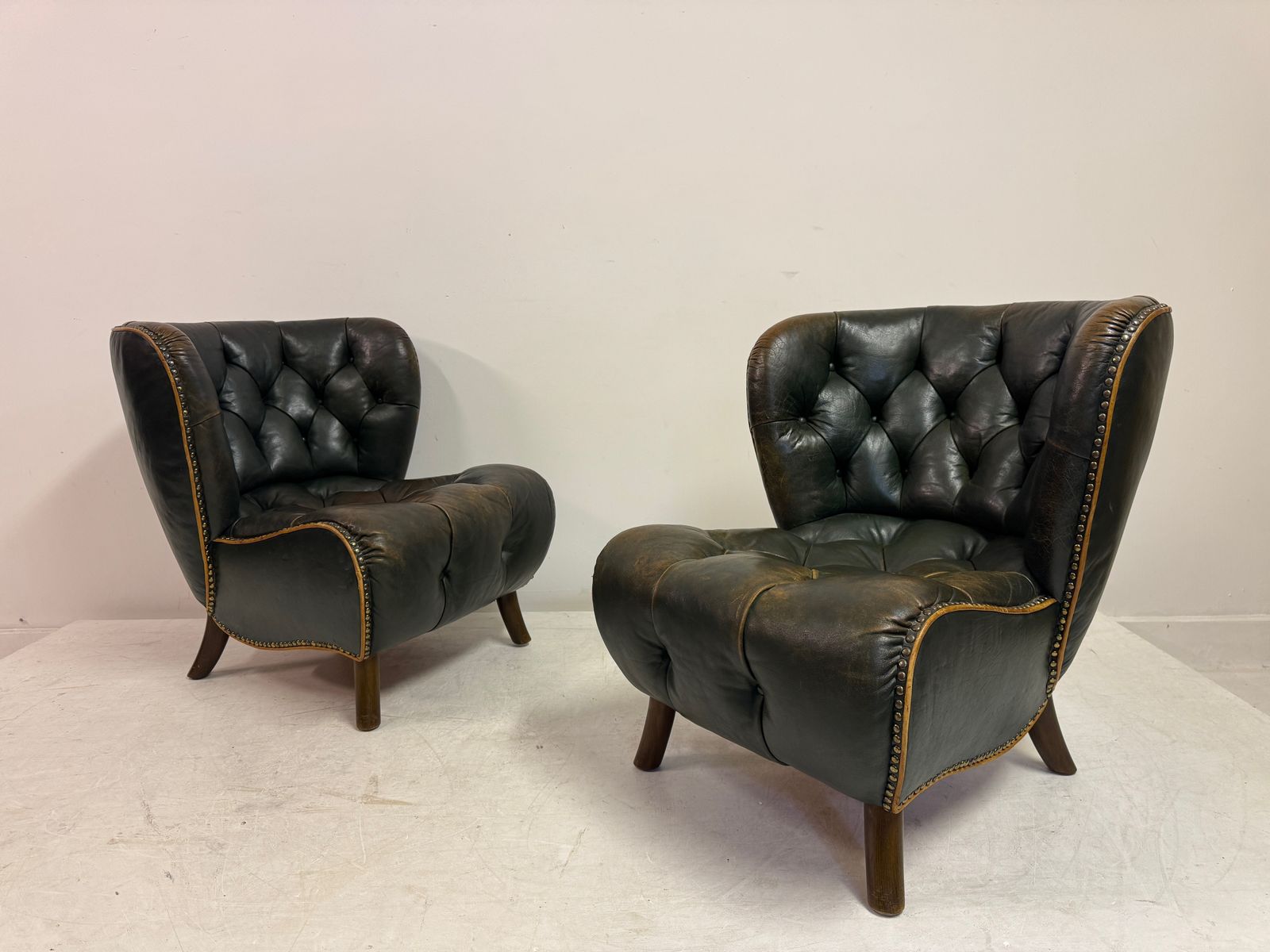 photo for sale Pair Of 1940s Danish Lounge Slipper Chairs In Green Patinated Leather
