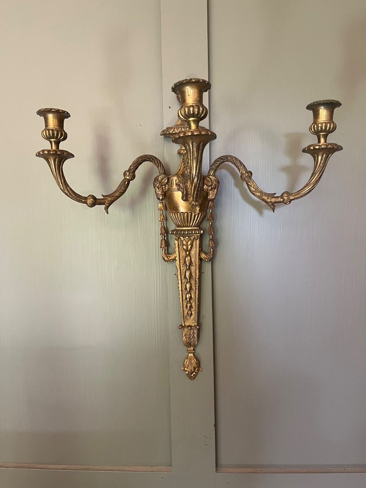 Lighting Pair Antique Wall Lights Gilt Metal  Decorated With Swags & Rams Heads French photo