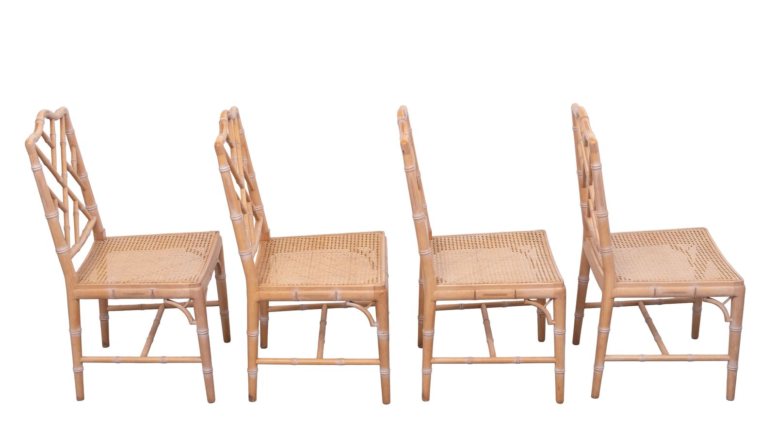 Set Of 4 Chinese Chippendale Chairs Chic Regency Style Seating Woven Cane 1970s photo vintage