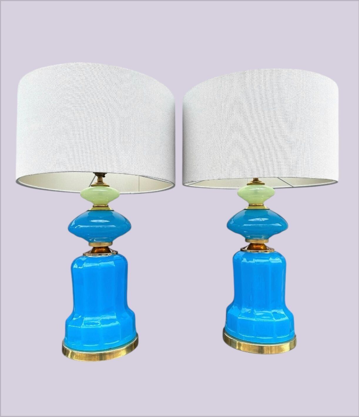 A Pair Of Blue Murano Glass Opaline Lamps By Cenedese With Brass Base And Fittings photo furniture