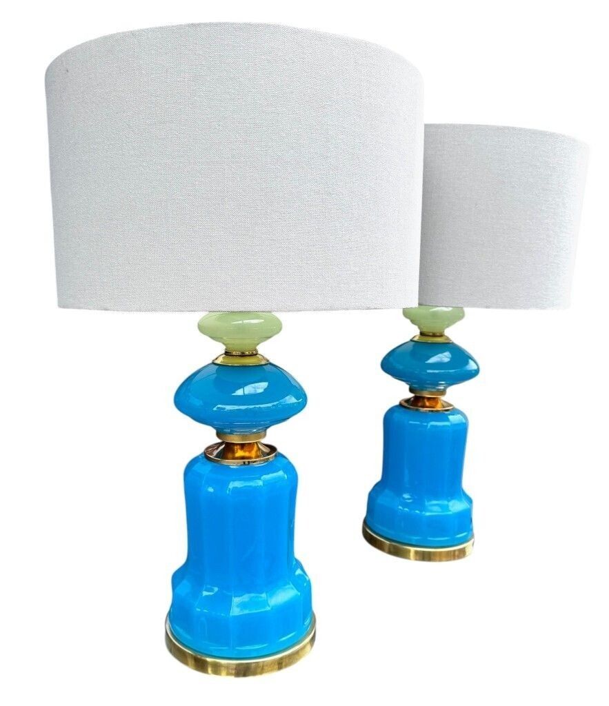 A Pair Of Blue Murano Glass Opaline Lamps By Cenedese With Brass Base And Fittings photo Lighting