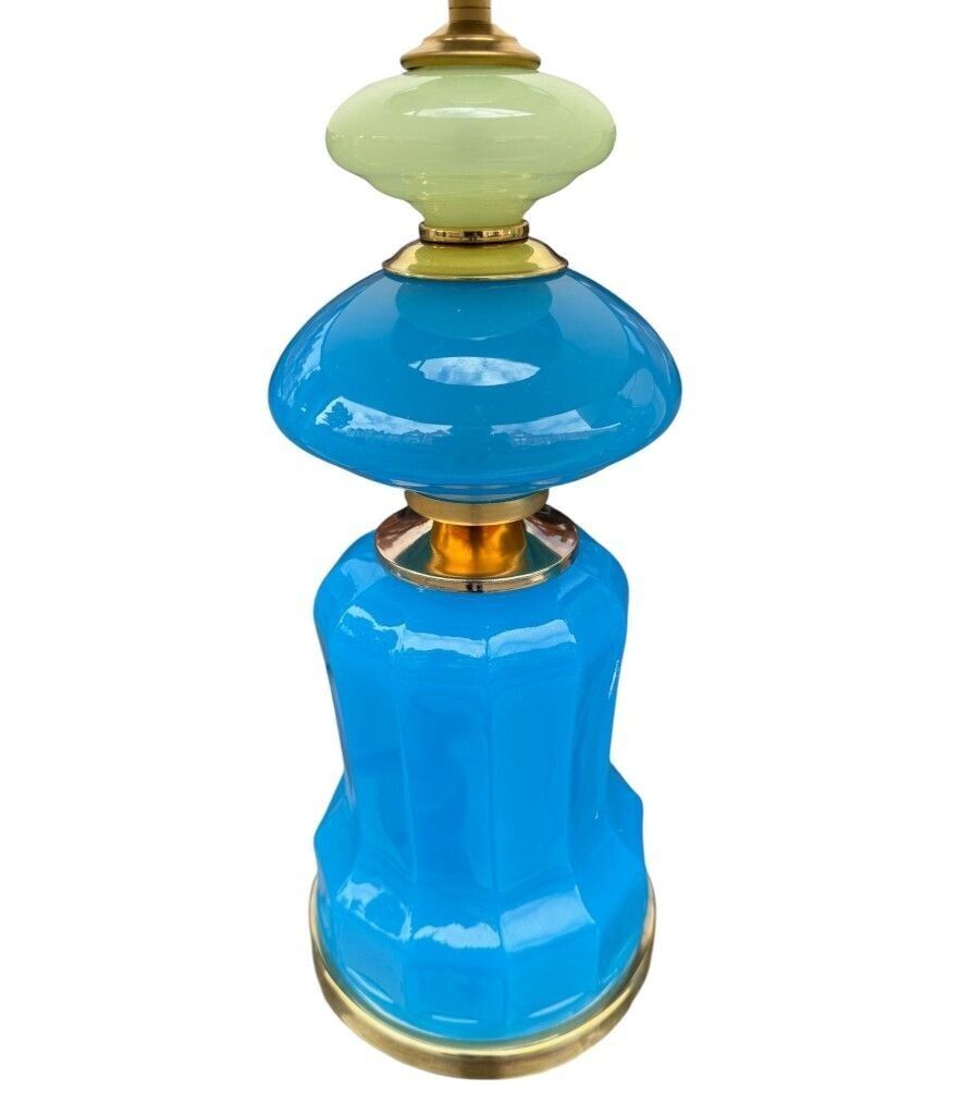 2350.0 A Pair Of Blue Murano Glass Opaline Lamps By Cenedese With Brass Base And Fittings photo