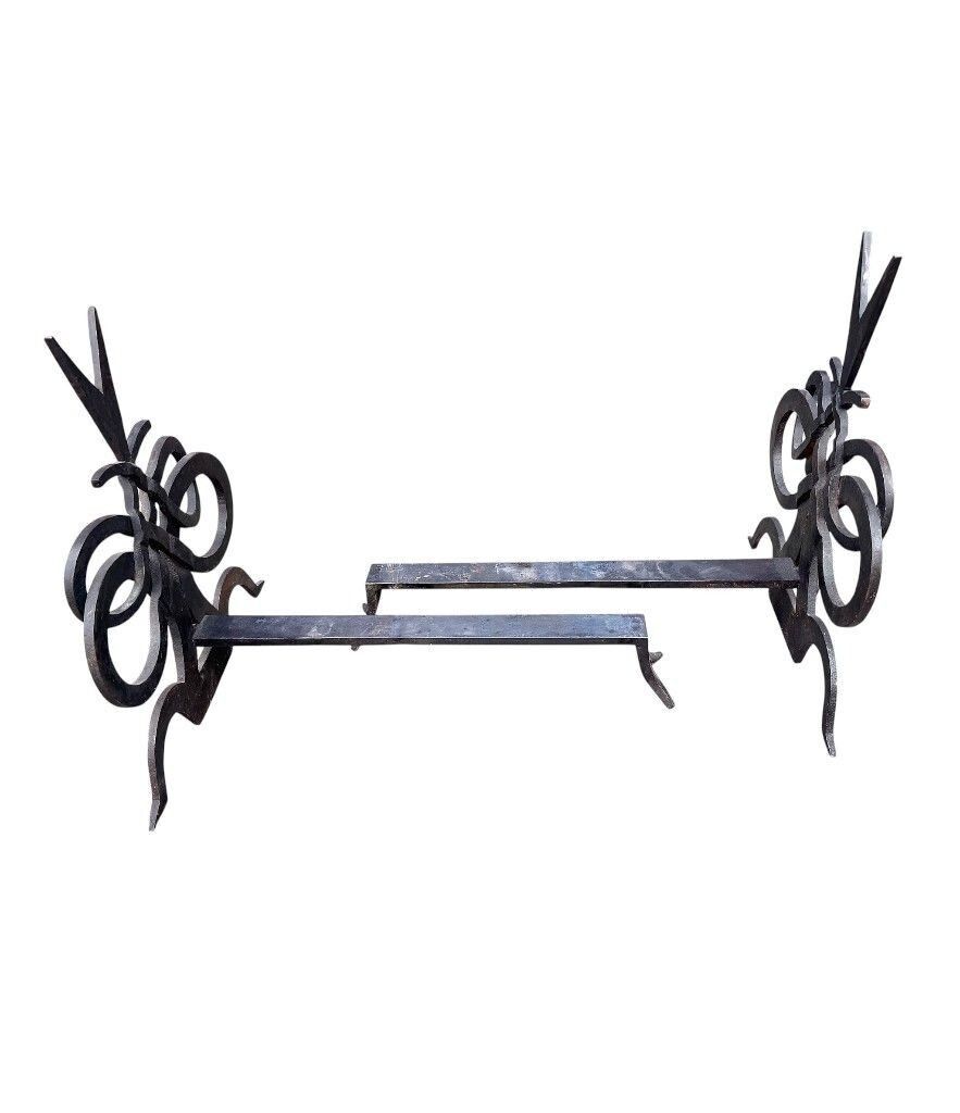 photo buy A Pair Of French Hand Forged Wrought Iron Fire Dogs In The Style Of Gilbert Poillerat