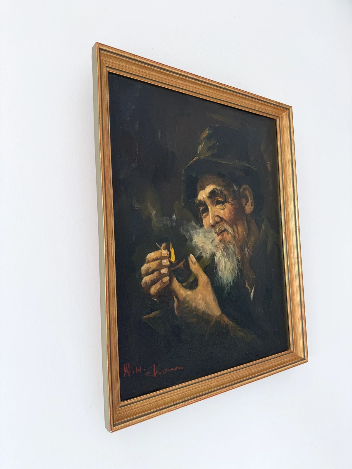 Signed Oil On Canvas Painting "Smoking Chinese Elder Of San Francisco" photo furniture