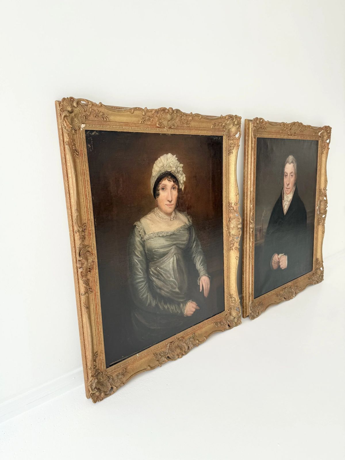 Pair Of Framed Oil On Canvas Portrait Paintings Of Man And Woman, 19th Century, English Provincial School photo furniture