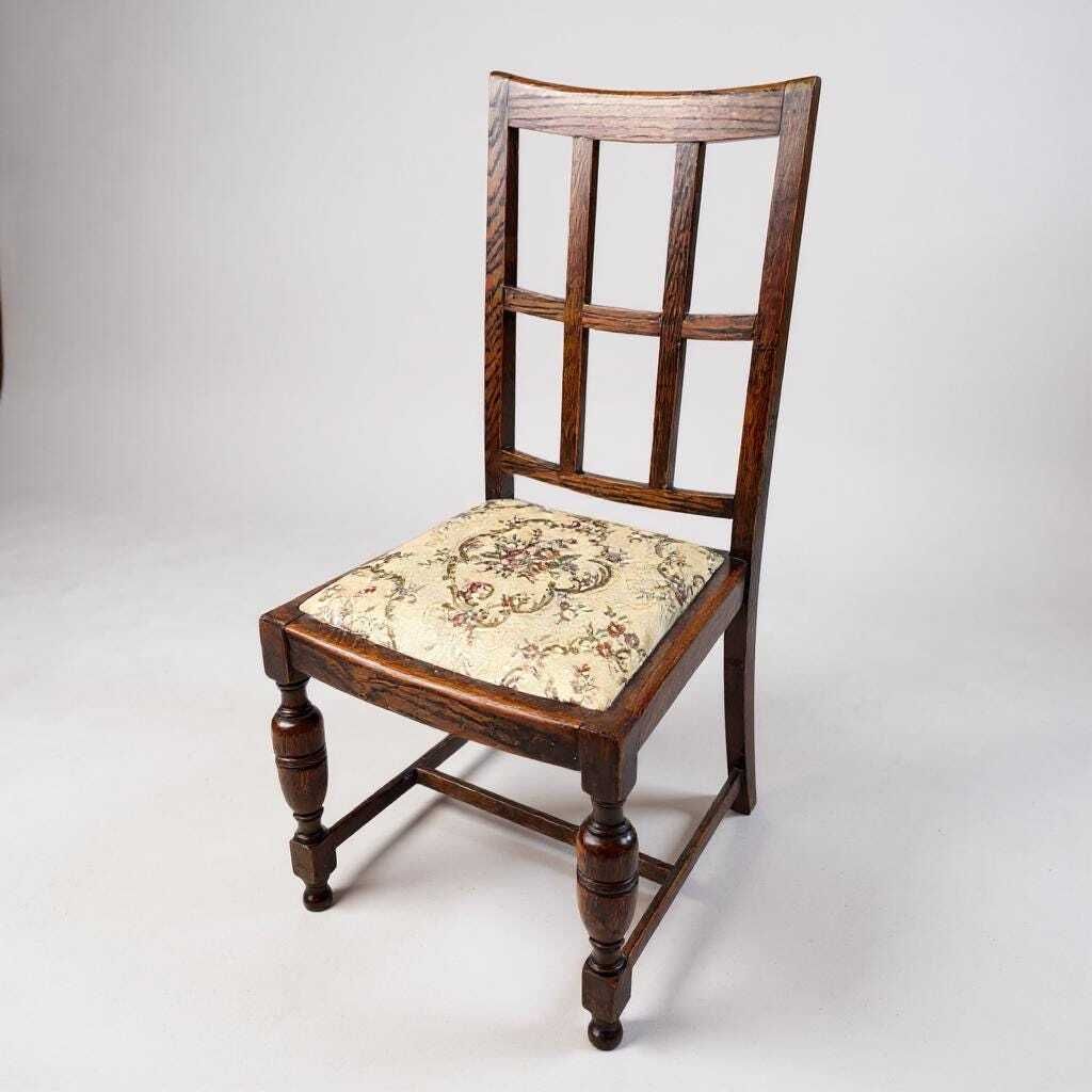 Set Of 4 Arts & Crafts Oak Dining Chairs | Antique Oak Chairs | Upholstered Seats | Early 20th Century