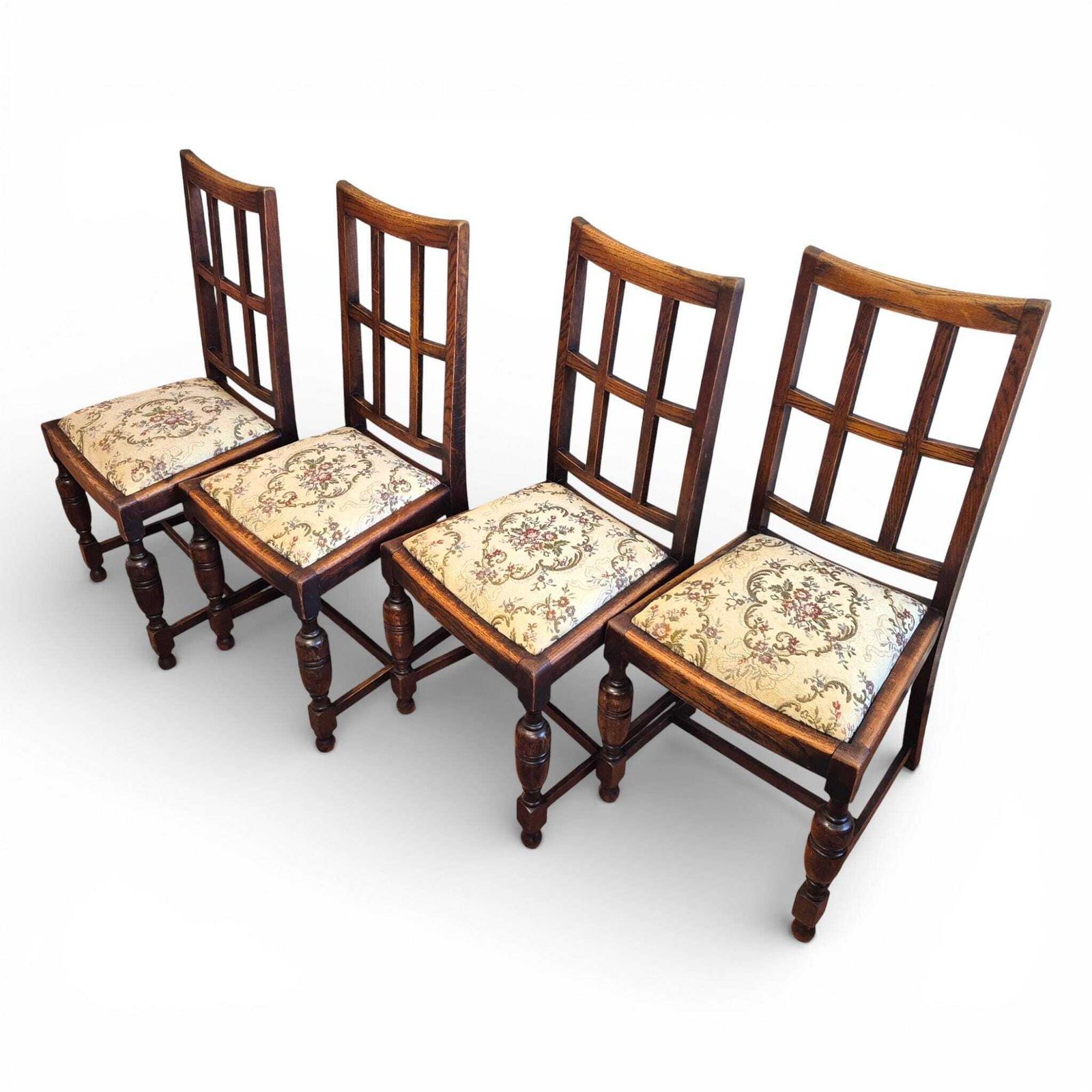 Set Of 4 Arts & Crafts Oak Dining Chairs | Antique Oak Chairs | Upholstered Seats | Early 20th Century photo vintage