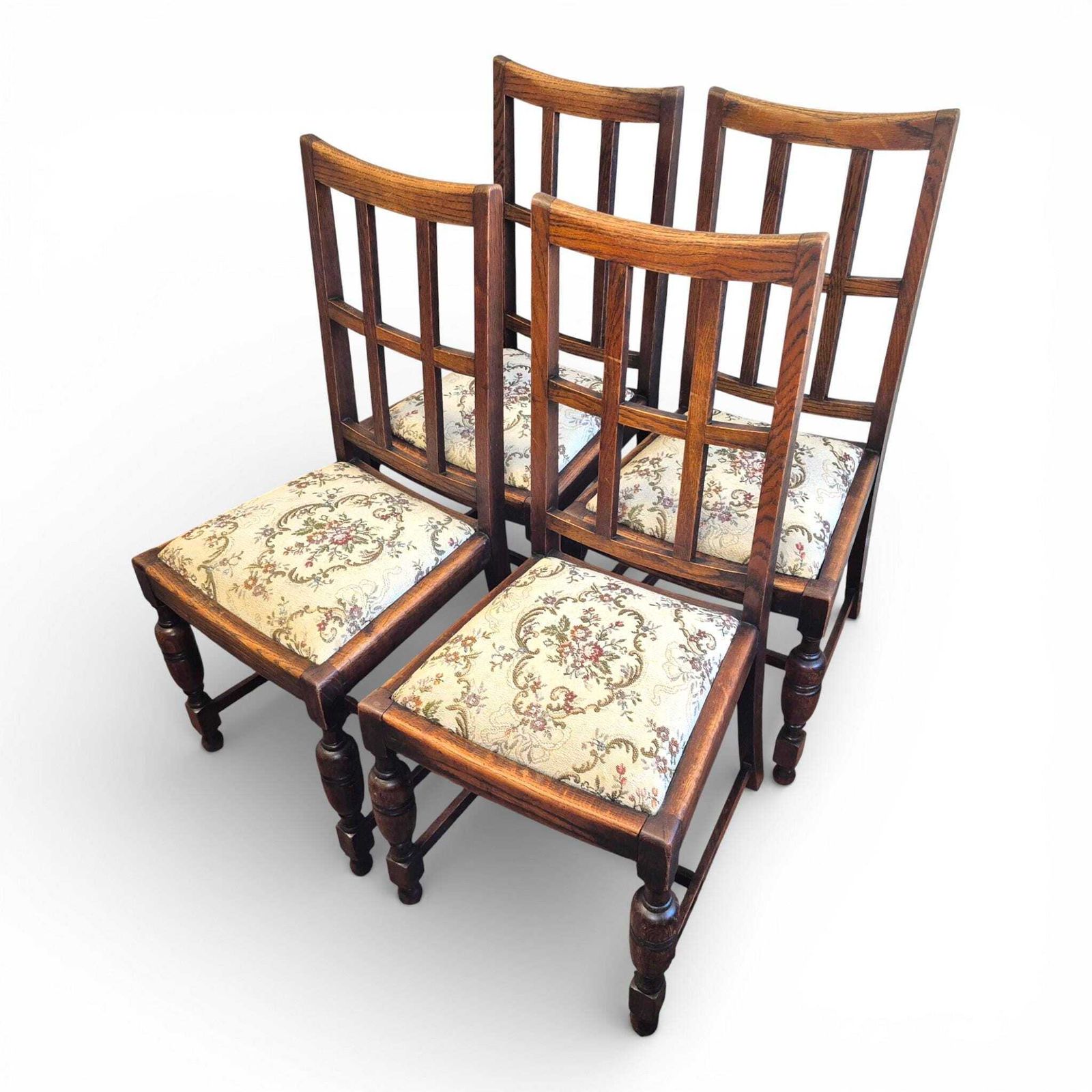 Furniture Set Of 4 Arts & Crafts Oak Dining Chairs | Antique Oak Chairs | Upholstered Seats | Early 20th Century photo