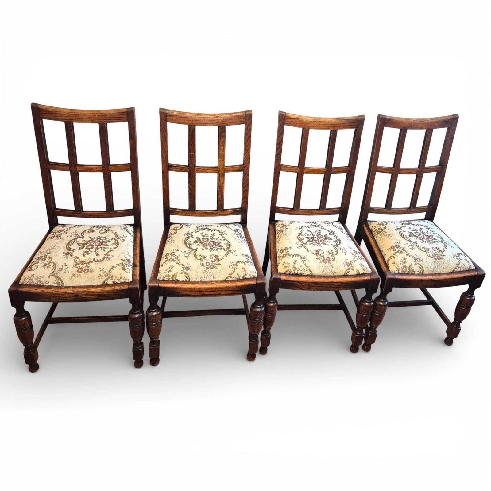 photo vintage Set Of 4 Arts & Crafts Oak Dining Chairs | Antique Oak Chairs | Upholstered Seats | Early 20th Century