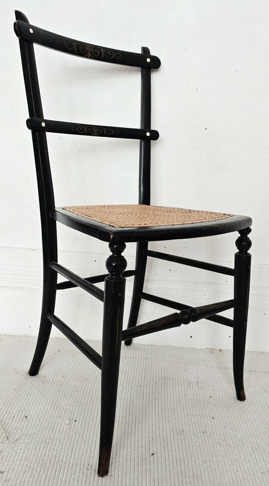 photo for sale A Victorian Ebonised Salon Chair With Rattan Seat  & Bone Inlay.