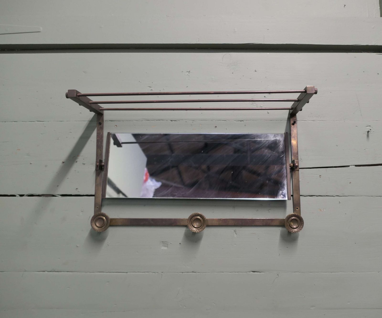 Arts And Crafts French Brass Hall Mirror With Shelf And 3 Coat Hooks photo furniture
